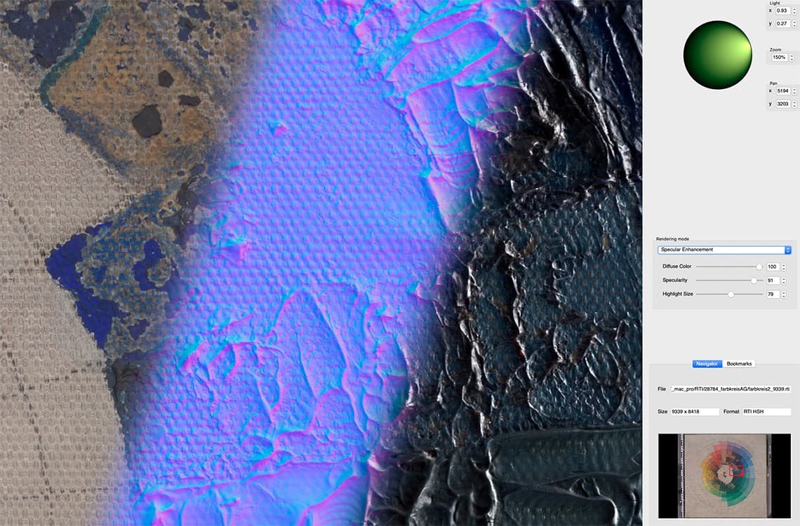 Détail de Augusto Giacometti, Farbkreis (vers 1907, huile et crayon sur toile, 69,5 x 68 cm) : montage photo à partir d’une prise de vue des couleurs originales en lumière visible (gauche), visualisation de la surface sans texture des pigments (centre), augmentation de la brillance spéculaire (droite), éléments de réglage de l’interface RTI : direction de la lumière, mode de visualisation, cadrage (extrême droite)